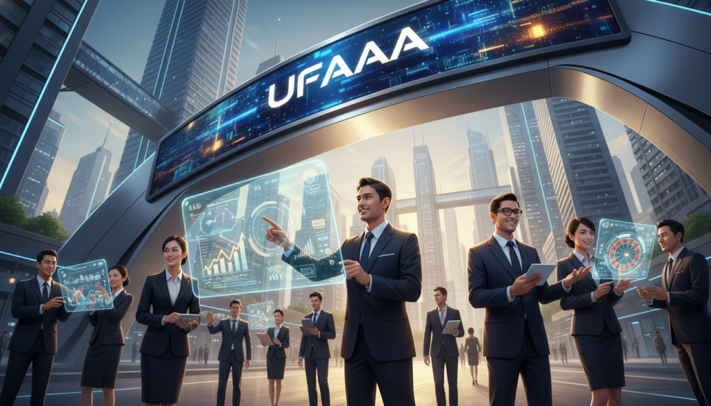 A captivating digital illustration of the concept of "ทางเข้าufabet". In the foreground, depict a modern, sleek entrance with digital screens displaying the brand name "UFAAA" prominently. The middle layer features a diverse group of professional individuals, dressed in business attire, engaging with interactive displays and touchscreen interfaces. They should exhibit excitement and curiosity, reflecting the theme of easy and profitable online gaming. The background shows a futuristic urban environment, bathed in soft, ambient lighting, with tall buildings and subtle neon elements that suggest a digital energy. Use a slightly low angle to emphasize the entrance, with a warm, inviting atmosphere that conveys accessibility and innovation. This image should be clear and vivid, without any text or branding beyond the specified name.