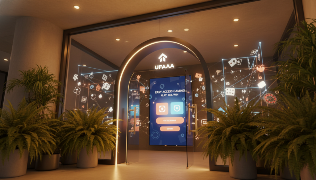 A modern and inviting entrance to a digital platform resembling "UFAAA," highlighting the essence of accessibility and ease of use. In the foreground, showcase a sleek and contemporary doorway framed by vibrant green plants. The middle ground features a polished digital screen displaying a user-friendly interface, with soft glowing elements that embody a sense of innovation. The background should hint at a bustling virtual environment with abstract representations of online gaming and betting. Use warm, inviting lighting to create a welcoming atmosphere, with a slight tilt for a dynamic perspective, captured with a wide-angle lens. The mood should evoke excitement and security, emphasizing the theme of easy access to gaming opportunities.