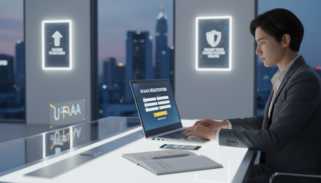 A modern and sleek digital space that represents the theme of "UFAAA" registration. In the foreground, a confident individual in professional business attire sits at a well-lit desk, focused on a laptop displaying the UFAAA registration page. The middle ground features elements like a smartphone and a notepad, indicating the process of signing up. The background includes softly blurred images of a modern office setting with motivational posters about success and online security. The lighting is bright, emphasizing a productive atmosphere. The overall mood conveys professionalism, trust, and innovation, inviting viewers to feel inspired about joining the platform.