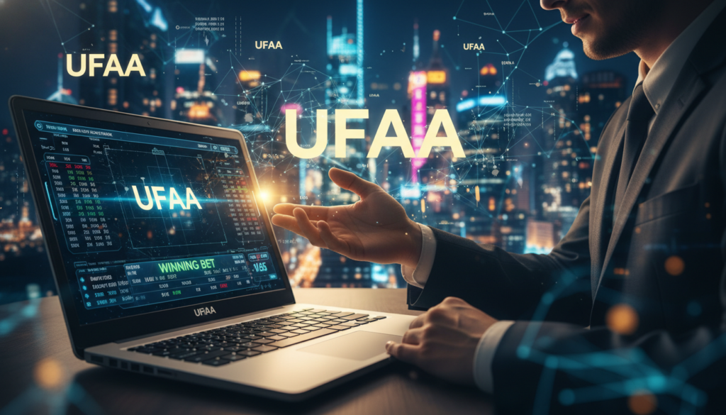A modern, sleek digital space representing "UFAAA" as a leading online betting platform. In the foreground, a polished, high-tech laptop with the UFAAA logo on the screen displays live betting options in an engaging interface. The background features a vibrant, illuminated city skyline at night, symbolizing excitement and opportunity. In the middle, a professional individual in business attire, deeply focused, gestures towards the laptop, showcasing a winning moment. The scene is bathed in warm, dynamic lighting that enhances the atmosphere of determination and excitement. A shallow depth of field draws attention to the laptop while softly blurring the neon-lit city lights, creating a captivating urban ambiance. This image exudes a sense of trust, excitement, and professionalism in online betting.