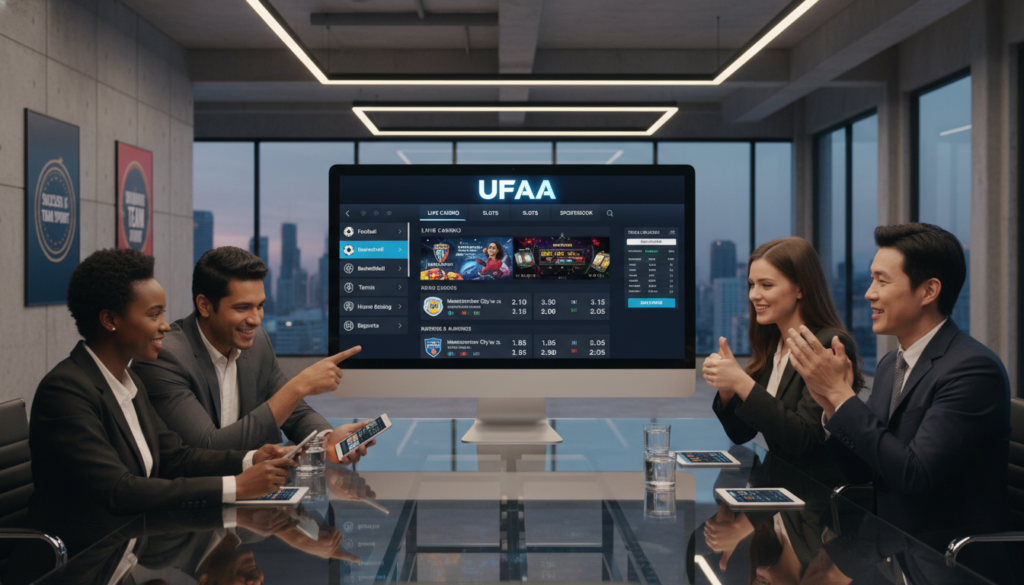 A modern, sleek online betting interface showcasing the brand "UFAAA" prominently displayed on a computer screen. In the foreground, a diverse group of four professionals, dressed in smart business attire, engaging with the platform, expressing excitement. In the middle, a high-resolution image of the betting application interface, featuring various sports and casino game options. The background includes a stylish, well-lit office environment, with soft lighting that creates an inviting atmosphere, and motivational posters about success and teamwork on the walls. The overall mood is energetic and professional, suggesting a seamless and enjoyable betting experience available 24/7.