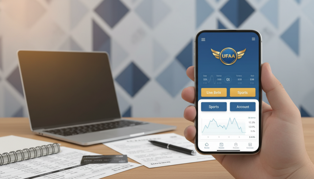 A serene, professional digital interface showcasing a mobile device with a sleek design, prominently displaying the UFAAA logo. In the foreground, the smartphone features a clear view of a secure online betting app, emphasizing user-friendly navigation. The middle ground showcases a warm, inviting workspace with subtle hints of technology, such as a laptop and financial documents, suggesting a safe and reliable betting environment. The background depicts a soft-focus wall with abstract patterns representing security and trust. The lighting is bright yet soft, creating a professional atmosphere, accentuated by a slight lens flare to convey innovation. Overall, the mood is confident and reassuring, reflecting the safety of mobile betting platforms.
