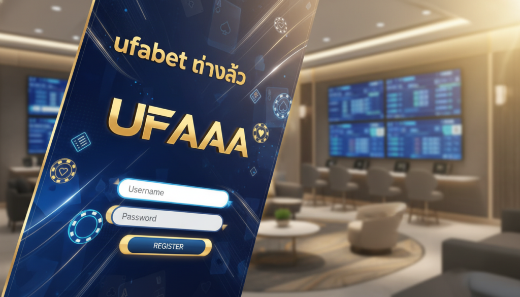 A sleek digital interface representing "ufabet ทางเข้า" prominently featuring the brand name "UFAAA." In the foreground, a user-friendly login screen with stylish buttons and a modern design exudes professionalism. The middle ground showcases a vibrant, energetic atmosphere with subtle graphics hinting at online gaming elements like card suits and betting icons, all designed in a harmonious color palette of blue and gold. The background depicts a blurred outline of a contemporary, luxurious gaming environment, filled with softly glowing screens to suggest a high-tech ambiance. The lighting is bright yet warm, creating an inviting mood. Capture the image from a slight angle to emphasize depth, ensuring the elements come together to convey a sense of trust and security in online gaming. No text or watermarks should be present.