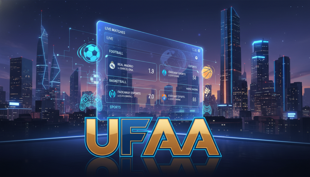 A sleek, modern digital illustration of the logo "UFAAA" prominently displayed in the foreground, representing the trusted online betting platform. The logo should be designed with a bold color palette that includes vibrant blue and gold tones, symbolizing security and excellence. In the middle ground, depict an elegant user interface showcasing various sports betting options, surrounded by icons of popular sports like soccer, basketball, and esports, all rendered in a high-tech style. The background should feature a futuristic city skyline at dusk, with glowing lights and a digital feel, creating a dynamic atmosphere. The overall mood should be confident and inviting, reflecting the popularity and safety of the platform. Use soft, ambient lighting and a wide-angle perspective to capture the essence of modern online betting.