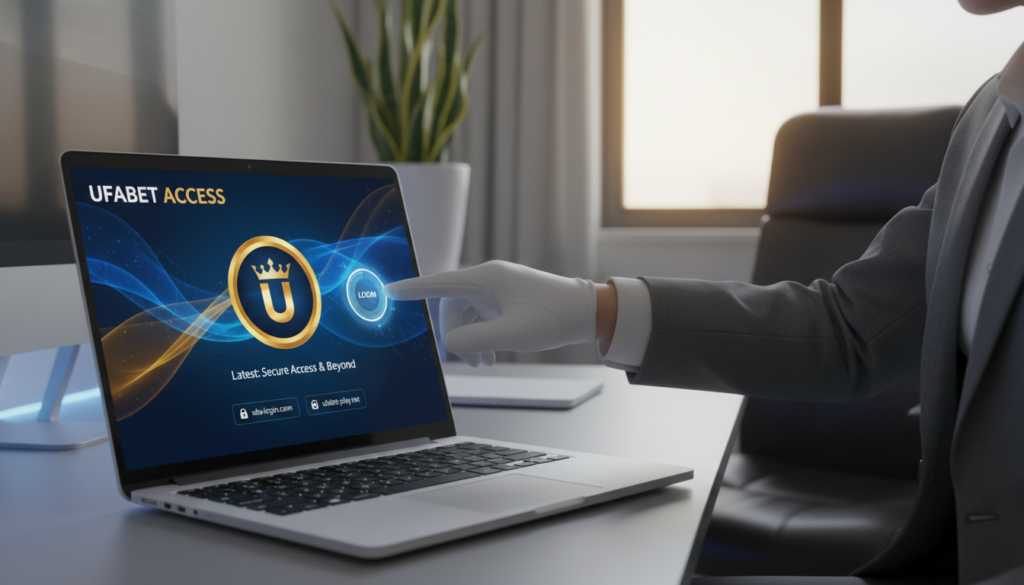 A sleek, modern digital interface showcasing the concept of "ufabet ทางเข้า" within an elegant online betting platform. In the foreground, a stylish laptop displays the UFAAA logo prominently on the screen, surrounded by soft blue and gold hues to convey trust and reliability. The middle ground features a softly blurred hand reaching out to interact with the interface, dressed in professional attire, emphasizing a user-friendly experience. In the background, a minimalist home office setting with a comfortable chair and a potted plant adds warmth to the scene, illuminated by ambient lighting that creates a welcoming atmosphere. The image captures a sense of security and ease of use, highlighting the latest, safe access points to ufabet.