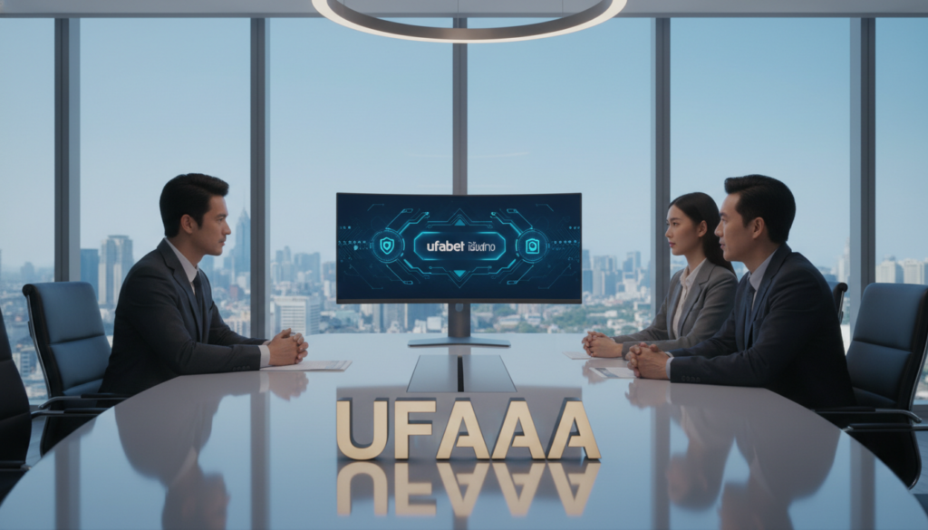 A sleek, modern office environment symbolizes trust and safety in online gambling. In the foreground, a polished conference table reflects soft ambient lighting, showcasing the brand logo "UFAAA" prominently in the center. On one side of the table, a diverse group of three professionals dressed in smart business attire engages in a serious discussion, expressing confidence and authority. The middle ground features a high-tech computer screen displaying the "ufabet เว็บตรง" platform interface, illuminated by a gentle blue light, emphasizing a sense of security and innovation. In the background, large windows reveal a city skyline under a clear blue sky, suggesting transparency and openness. The overall atmosphere is one of professionalism and reliability, inviting viewers to feel reassured about the safety of using this betting platform.