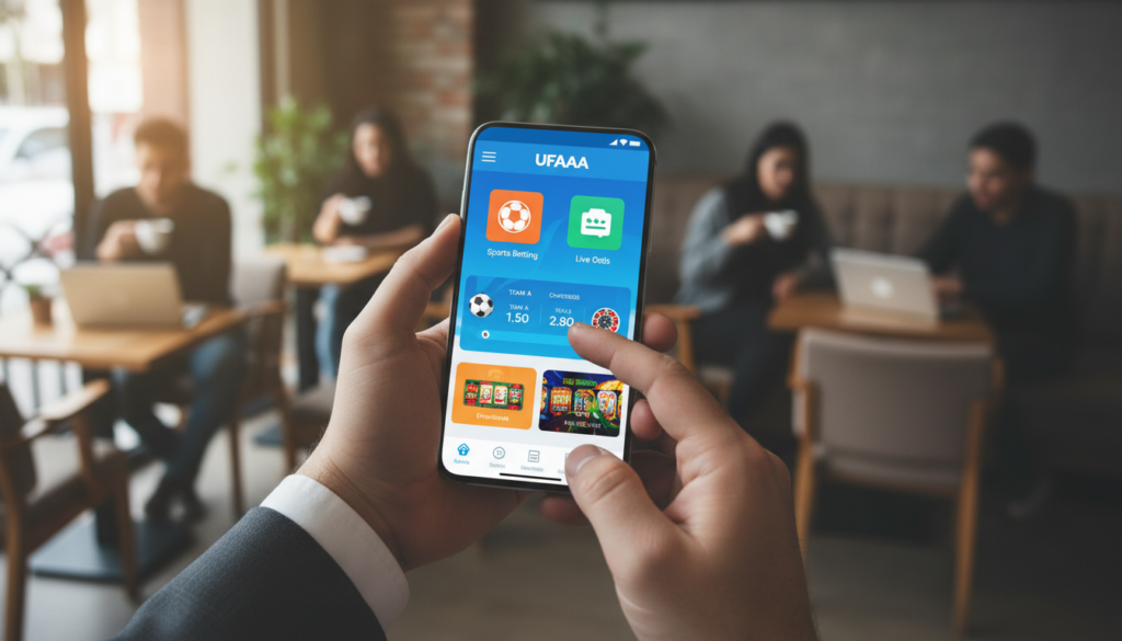 A smartphone displaying the UFAAA betting app interface, with vibrant colors and user-friendly navigation showcasing various game options like sports betting and casino games. In the foreground, a pair of hands holding the phone, depicted in professional business attire, focused on the screen. The middle ground features a blurred background of a cozy café setting with subtle hints of people enjoying their time and using their devices, evoking a sense of convenience and modernity. Soft, natural lighting coming from a nearby window adds warmth to the scene, creating a welcoming atmosphere. The angle is slightly elevated, capturing both the details of the app and the environment around it, emphasizing the ease of accessing UFAAA on the go.