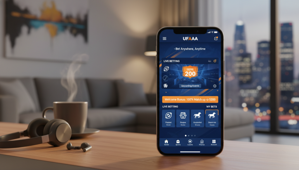 A smartphone displaying the UFAAA mobile betting interface is the central focus of the image, positioned prominently in the foreground. The screen is illuminated, showcasing vibrant graphics and user-friendly navigation. Around the phone, there are subtle elements like a stylish desk and a cozy modern living space, suggesting a comfortable gaming environment. In the background, hints of a city skyline through a window convey the idea of playing anywhere, anytime. Soft, warm lighting enhances the inviting atmosphere, while a shallow depth of field focuses on the smartphone, creating a sense of intimacy and accessibility. Overall, the mood is engaging and contemporary, embodying the excitement and convenience of mobile betting with UFAAA.