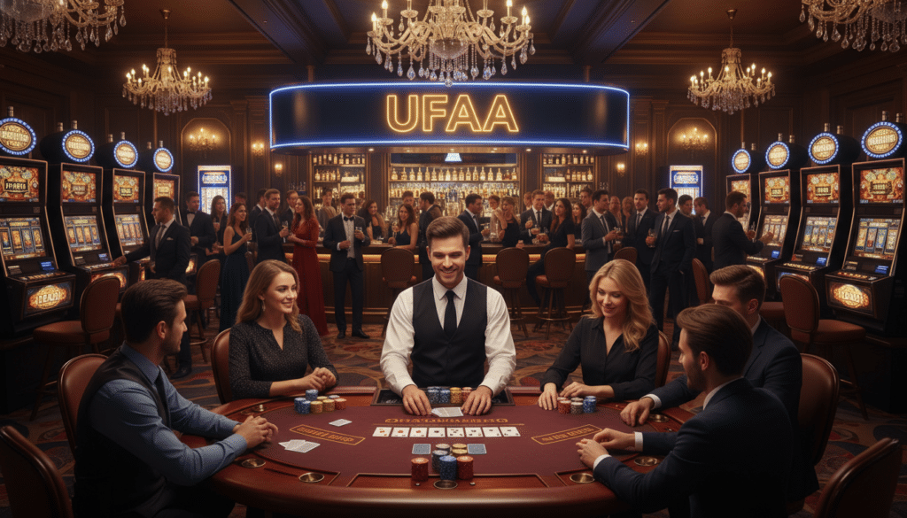 A vibrant and bustling casino scene, filled with an array of gaming options. In the foreground, a luxurious poker table adorned with high-stakes chips and cards, with a dealer in a smart black vest and tie, skillfully managing the game. The middle ground features attractive slot machines with colorful lights and levers, each inviting players to take a chance. In the background, a lavish bar area with elegantly dressed patrons enjoying cocktails and laughter, framed by glimmering chandeliers that cast a warm glow. The atmosphere is lively and enticing, evoking a sense of excitement and anticipation. Capture this dynamic moment with a wide-angle lens, emphasizing depth and vibrancy, showcasing the brand name "UFAAA" prominently on a glowing sign.