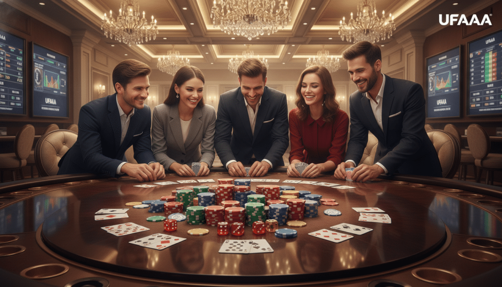 A vibrant, sophisticated gaming environment showcasing the brand "UFAAA". In the foreground, a modern table with an array of casino games: colorful poker chips, cards, and dice, all meticulously arranged to attract attention. The middle layer features diverse, professional players in business attire, deeply engaged in a friendly game, exuding enthusiasm and camaraderie. The background reveals a luxurious casino ambiance, illuminated with soft, warm lighting, highlighting elegant chandeliers and plush decor. There are hints of digital displays emphasizing game statistics, adding a high-tech feel. The overall mood is exciting and inviting, drawing viewers into the world of easy, rewarding betting experiences with UFAAA, where every moment feels thrilling and rewarding.