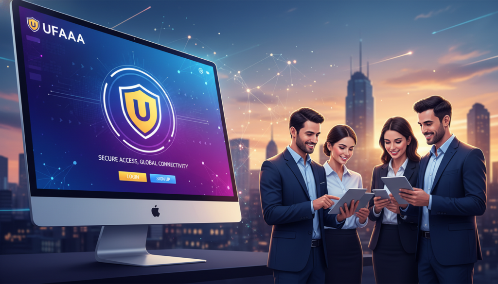 A visually striking digital illustration featuring an inviting online interface for "UFAAA," symbolizing secure and user-friendly access. In the foreground, a sleek computer screen displaying the UFAAA logo, animated graphics, and a vibrant color palette, conveying excitement and modernity. The middle ground captures a diverse group of professionals in smart business attire, engaged with their devices, highlighting the global accessibility of the platform. In the background, a softly blurred cityscape symbolizes connectivity, progress, and reliability, enhancing the atmosphere of trust. The lighting is bright and inviting, with a focus on the computer screen, while the overall mood is energetic and optimistic, reflecting a safe and enjoyable user experience.