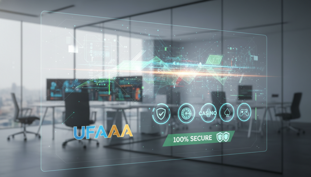 A visually striking digital representation of a sleek, modern online betting interface, featuring vibrant colors and dynamic design elements that embody a sense of excitement and trust. In the foreground, a user-friendly layout showcasing the brand name "UFAAA", with icons representing various betting options, framed by elements of safety and reliability, such as padlocks and shields. The middle ground displays abstract visual cues of digital technology and vibrant betting landscapes. The background features a blurred view of an elegant, high-tech office environment, evoking professionalism and security. The lighting should be bright and inviting, creating a positive and engaging atmosphere. A wide-angle perspective captures the essence of modern online gaming. The overall mood conveys excitement, ease of access, and a 100% safety assurance.