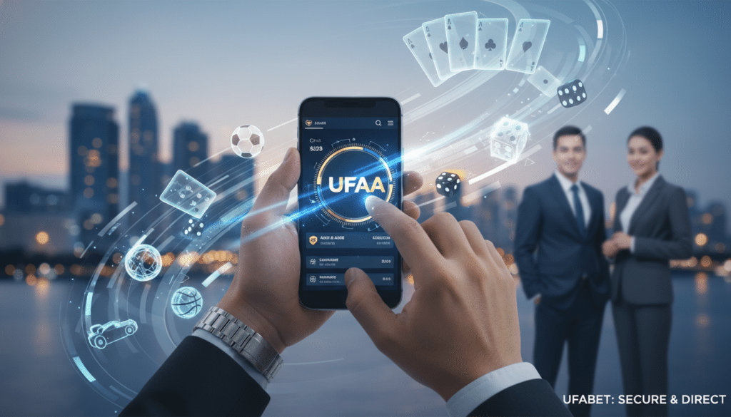 A visually striking illustration showcasing the essence of "ufabet คืออะไร," featuring a sleek digital interface with a modern, user-friendly design. In the foreground, highlight a smartphone displaying the UFAAA logo prominently on the screen, with hands interacting gently, conveying accessibility and engagement. In the middle, include abstract graphics representing online betting and gaming, such as cards, dice, and sports icons, subtly blending together. The background should consist of a vibrant, blurred cityscape at dusk, infusing the scene with a sense of excitement and possibility. Use soft lighting to create a welcoming atmosphere, emphasizing the allure of safe and direct online betting without intermediaries. Ensure the mood is professional and inviting, embodying the spirit of security and user-friendliness inherent to ufabet.